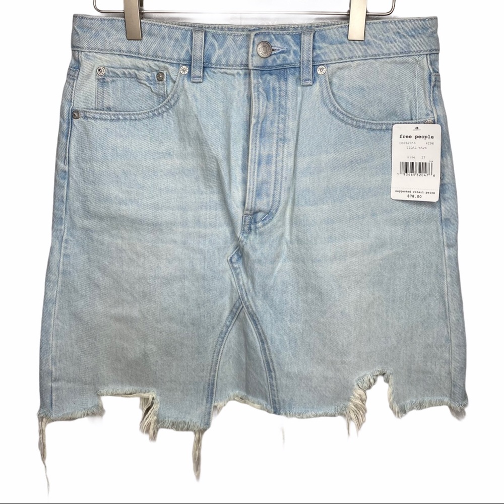 Free People Distressed Asymmetric Button Fly Light Wash‎ Jean Skirt 27